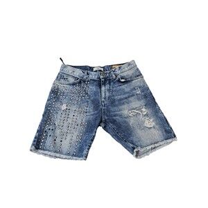 ZARA MAN Denim Shorts Men’s Size 31 Blue Distressed Studded Raw Hem Stretch